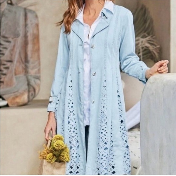 Soft Surroundings Chambray Denim Lior Trench Coat Blue sz small - Picture 2 of 8